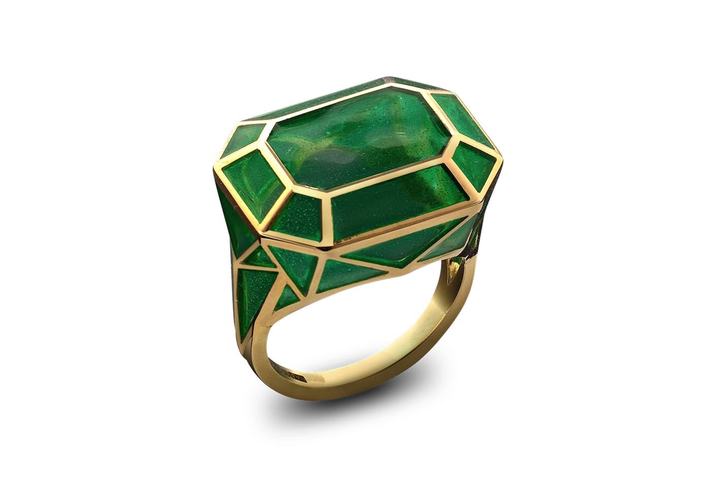  Solange Azagury-Partridge Stoned collection Real Fake emerald green plique-à-jour enamel ring in yellow gold