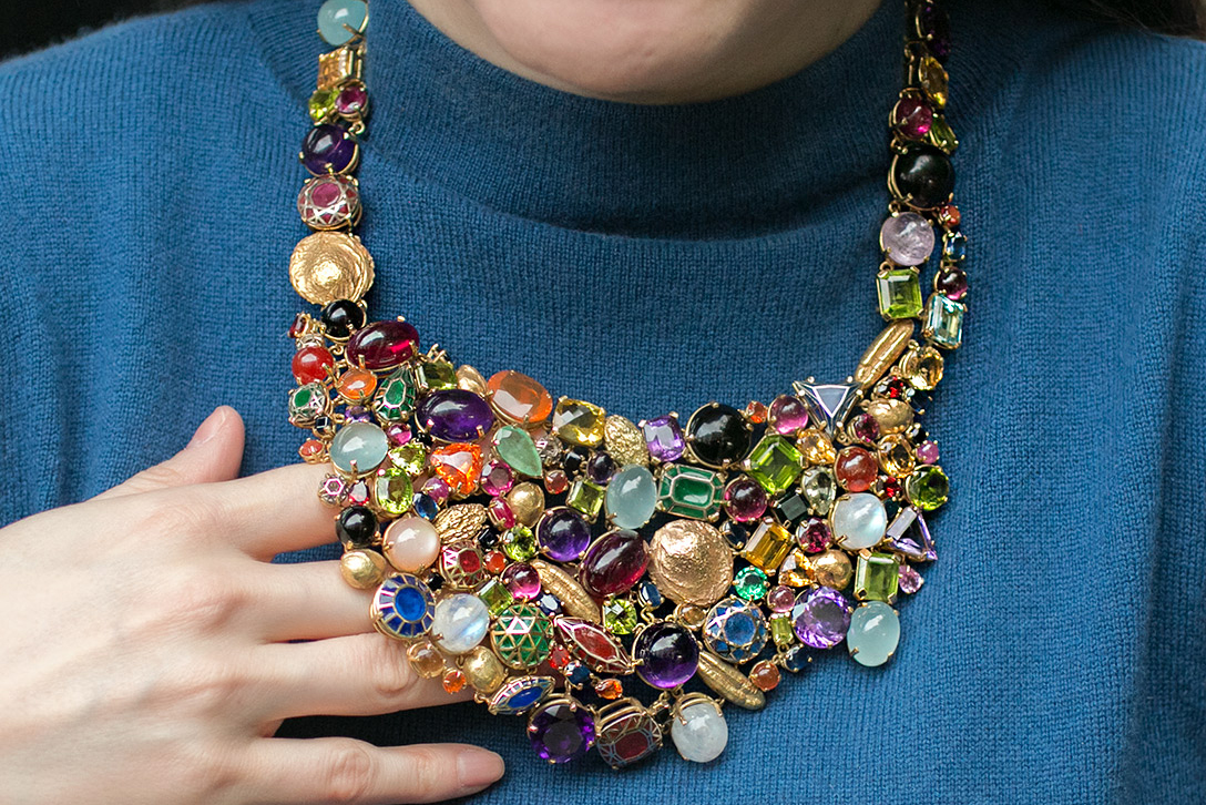 Solange Azagury-Partridge Stoned bib necklace with bib necklace encrusted with amethyst, tourmaline, fire opal, sapphire, emerald, ruby, moonstone, aquamarine, yellow beryl, citrine, peridot, onyx, quartz and plique-à-jour enamel in yellow gold 