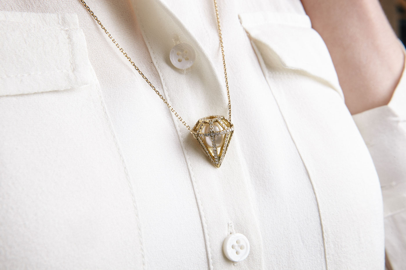 Melanie Georgacopoulos Caged pendant with South Sea pearl and diamonds in yellow gold