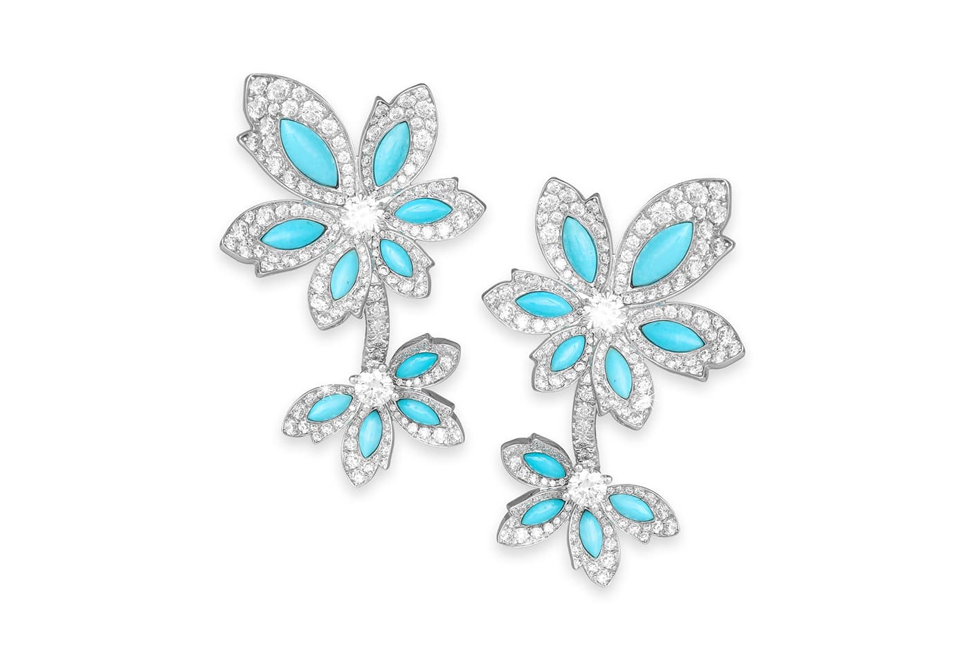 David Morris 'Palm' earrings with turquoise and diamonds in white gold