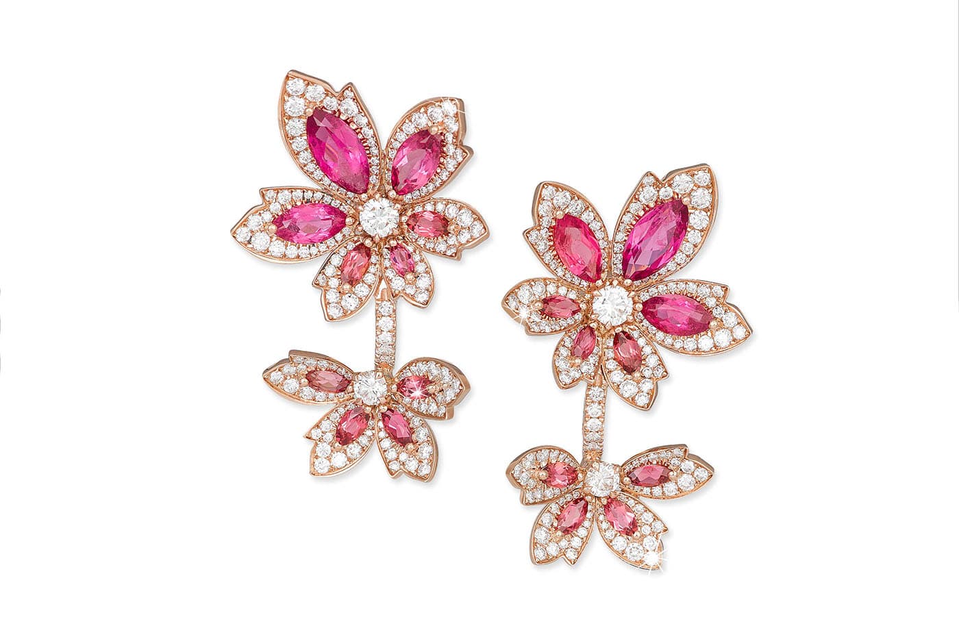  David Morris 'Palm' earrings with rubellite and diamonds in yellow gold
