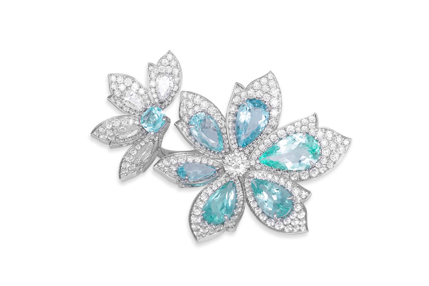 David Morris 'Palm' double ring with Paraiba tourmaline and diamonds in white gold