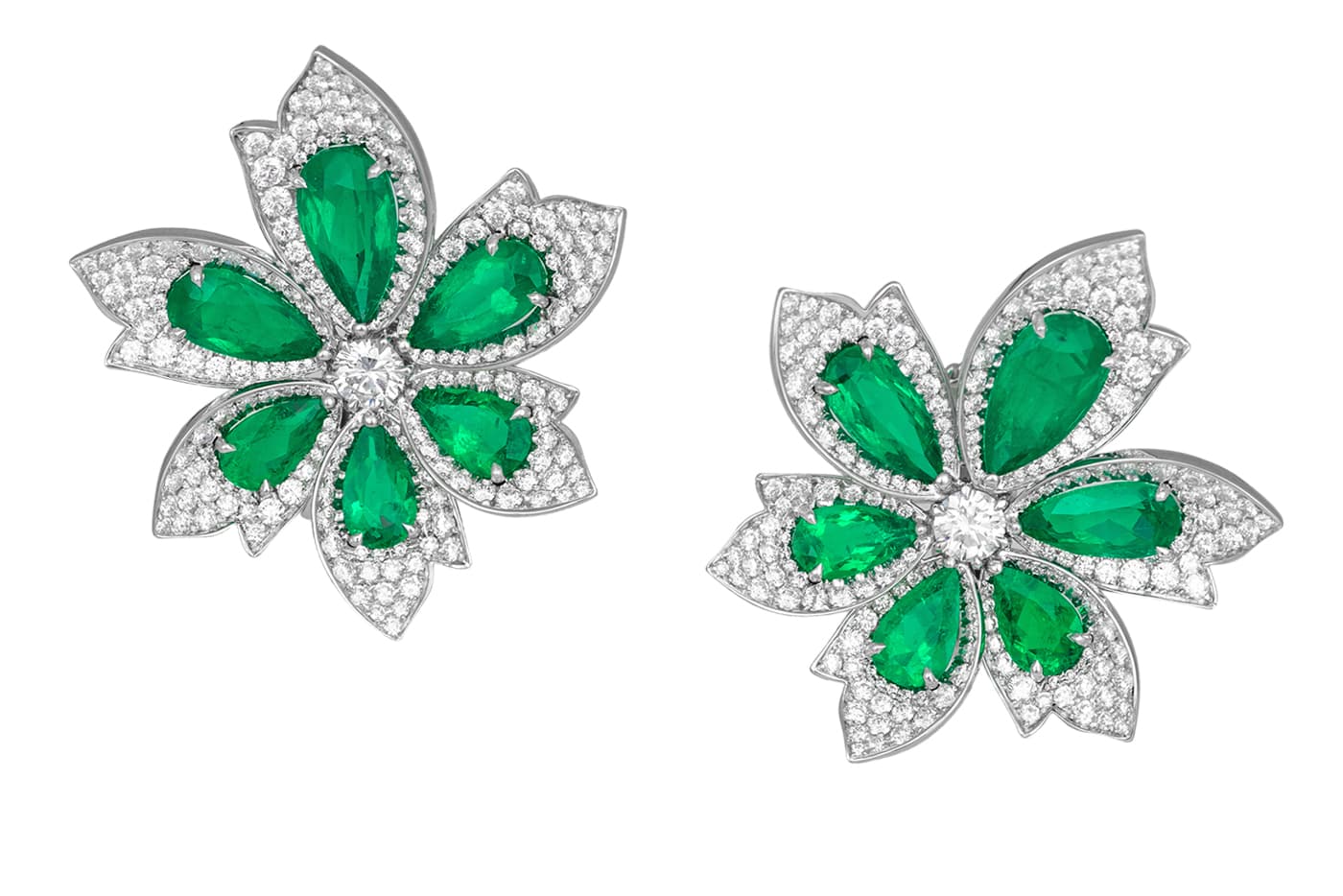  David Morris 'Palm' earrings with emerald and diamonds in white gold