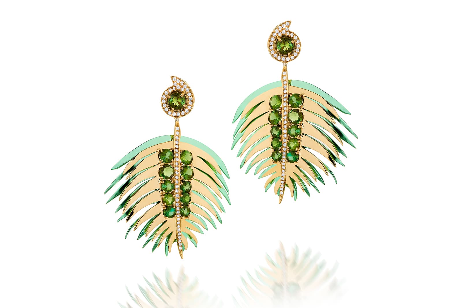  Carol Kauffmann 'Palm' medium earrings from the 'Botanica' collection with diamonds and tourmalines in nano-ceramic coated silver and yellow gold