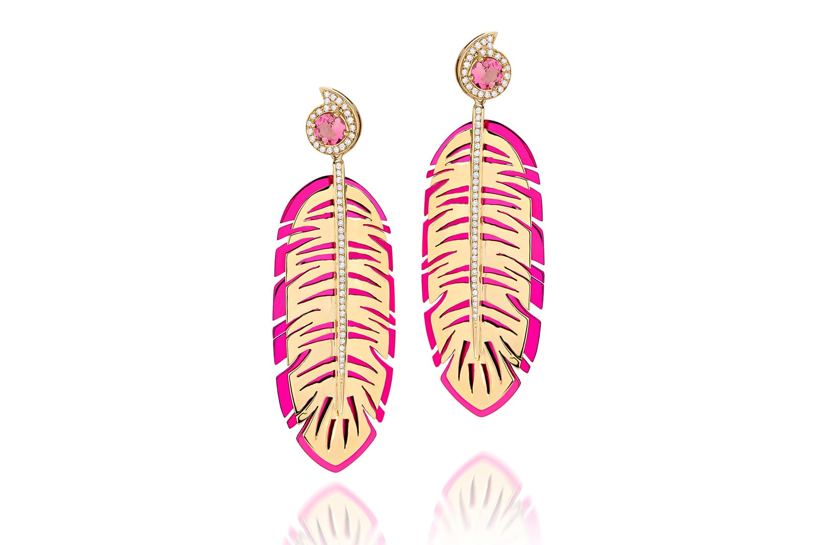 Carol Kauffmann 'Banana Leaf' medium earrings from the 'Botanica' collection with diamonds and rubellites in nano-ceramic coated silver and yellow gold