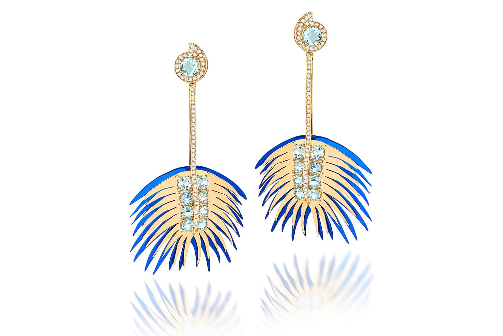  Carol Kauffmann 'Palm' long earrings from the 'Botanica' collection with diamonds and aquamarines in nano-ceramic coated silver and yellow gold