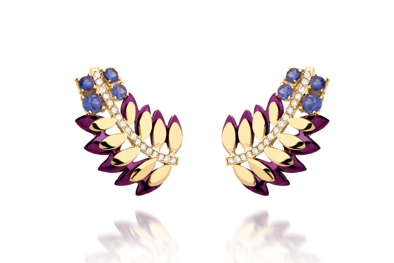  Carol Kauffmann 'Samambaia' earrings from the 'Botanica' collection with diamonds and iolites in nano-ceramic coated silver and yellow gold