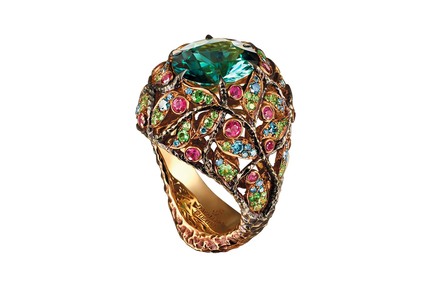 Jewellery Theatre 'Liana' ring with tourmalines, rubies, tsavorites, moonstones, and coloured diamonds in yellow gold