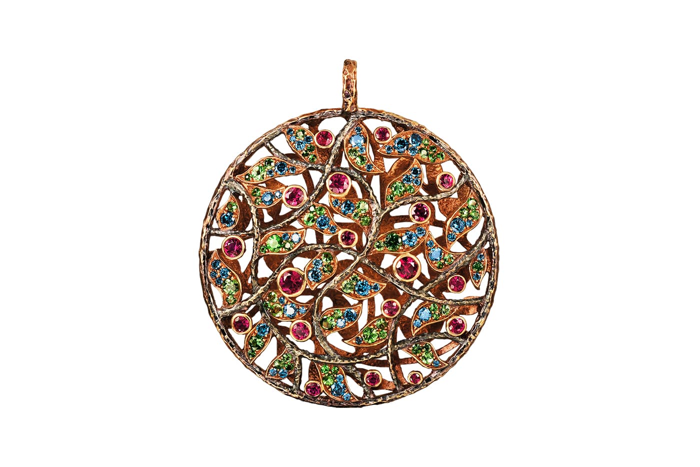  Jewellery Theatre 'Liana' pendant with tourmalines, rubies, tsavorites, moonstones, and coloured diamonds in yellow gold