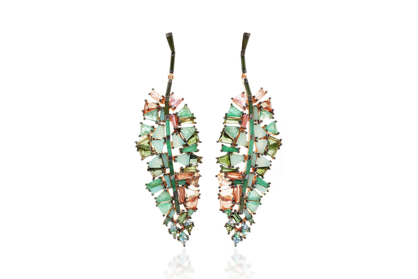  Nak Armstrong 'Bahia Banana Leaf' earrings in blue Peruvian opal and tourmalines in yellow and blackened gold
