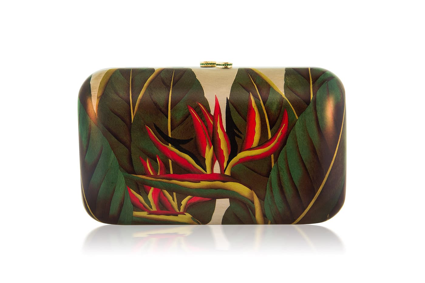  Silvia Furmanovich 'Heliconia' clutch bag from the 'Botanical' collection with emeralds and wood marquetry in yellow gold