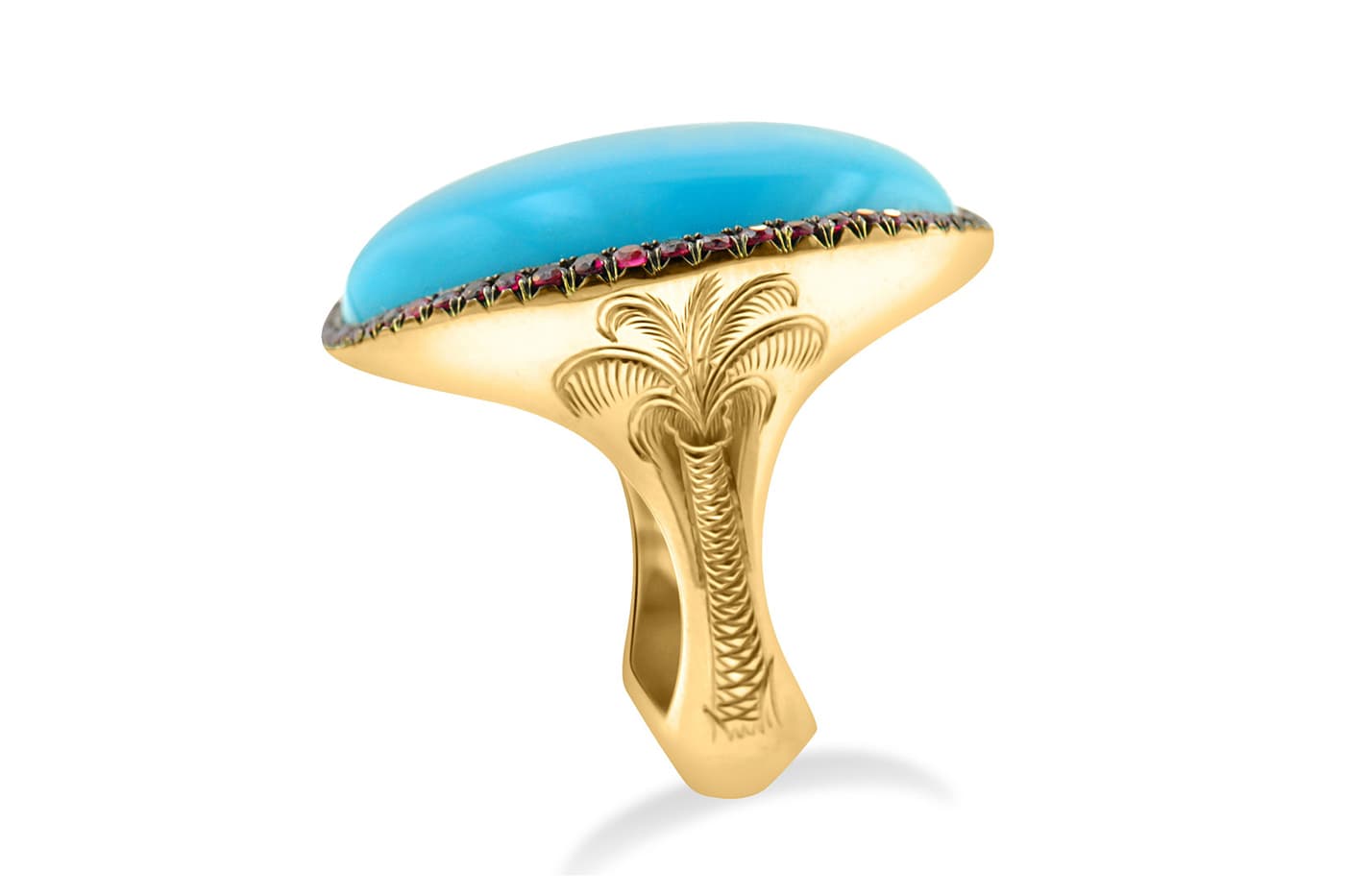  Ricardo Besta ring with turquoise and rubies in yellow gold