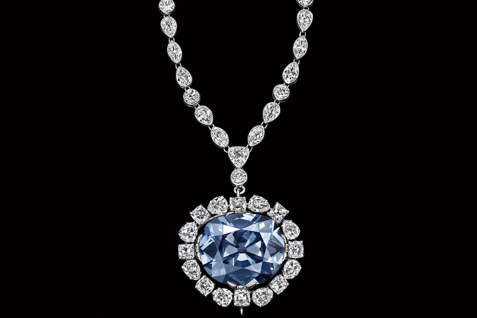 The Hope Diamond necklace with 45.52ct blue diamond and accenting colourless diamonds