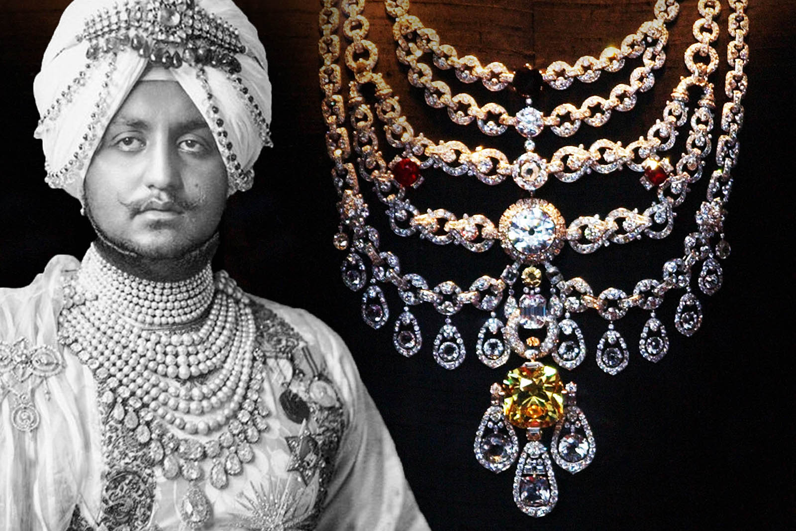 The Patiala Necklace by Cartier with 234.65 carat cushion cut yellow diamond