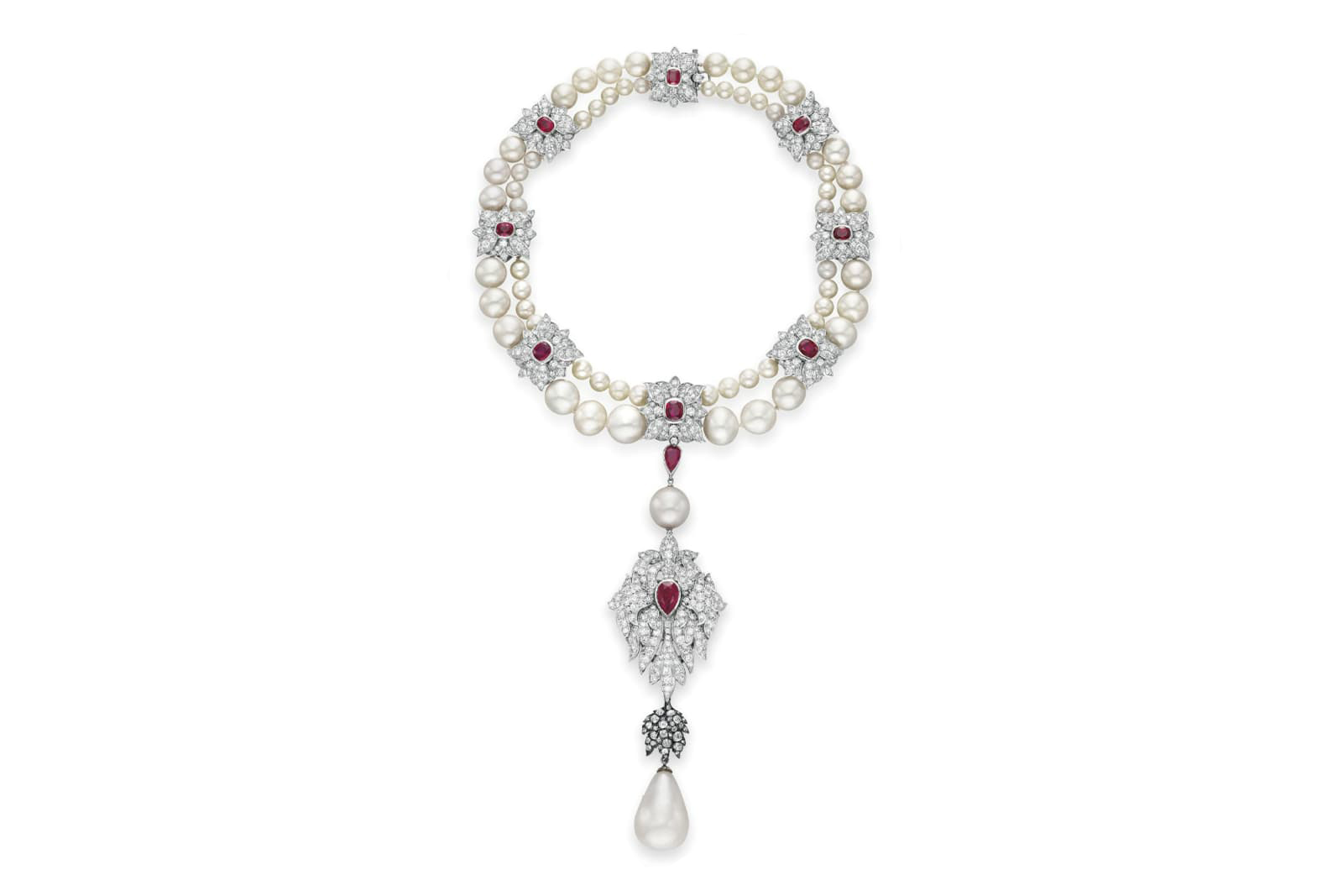  Elizabeth Taylor's La Peregrina Pearl necklace by Cartier with 55.95ct pear shaped pearl, accenting pearls, diamonds, and rubies