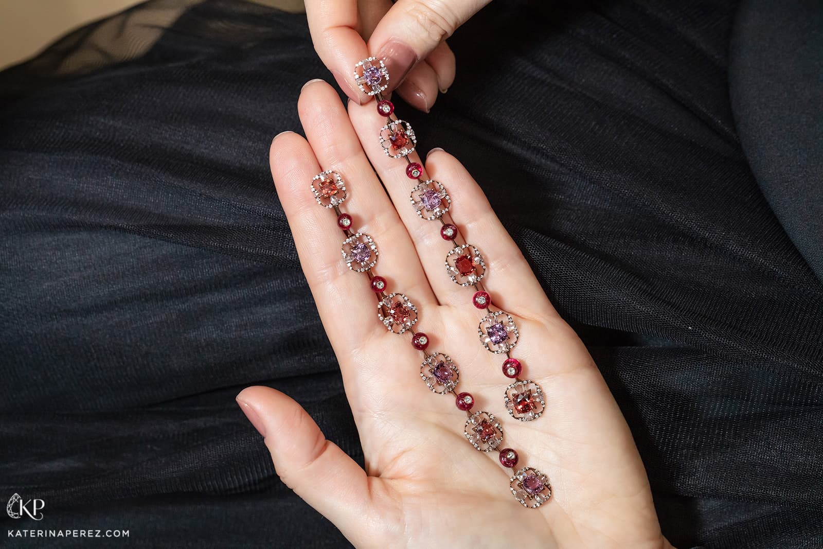  VAK shoulder length earrings with diamond and Burmese spinels 