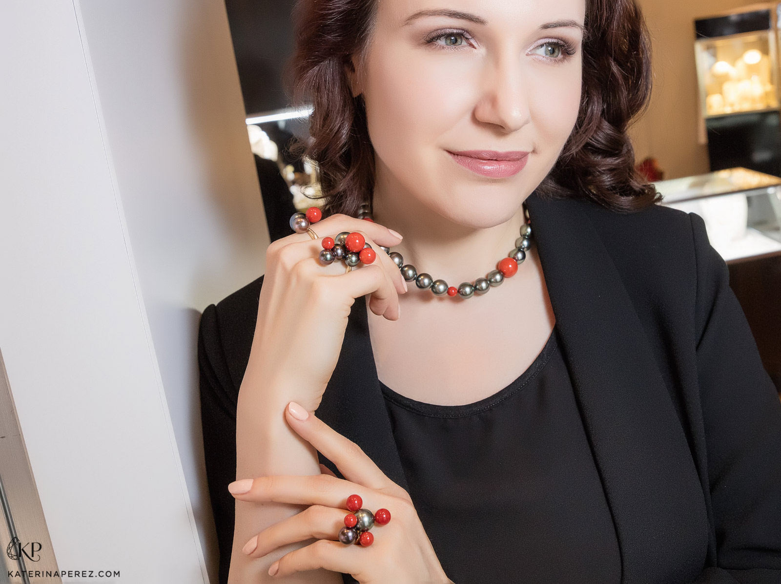 Assael and Sean Gilson Bubbles collection necklace and rings with Tahitian pearls and coral 