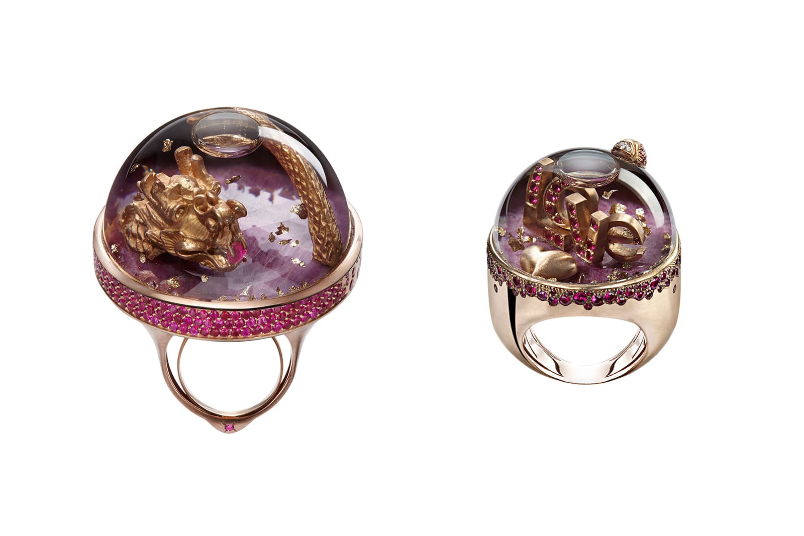  Dreamboule rings with sapphire glass, filled with 'Dream Solution' with rubies and amethyst in rose gold