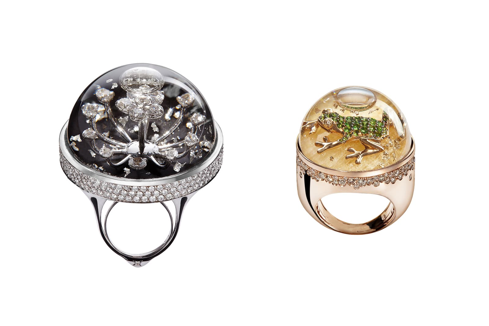  Dreamboule rings with sapphire glass, filled with 'Dream Solution' with diamonds in white gold, and tsavorites and diamonds in yellow gold