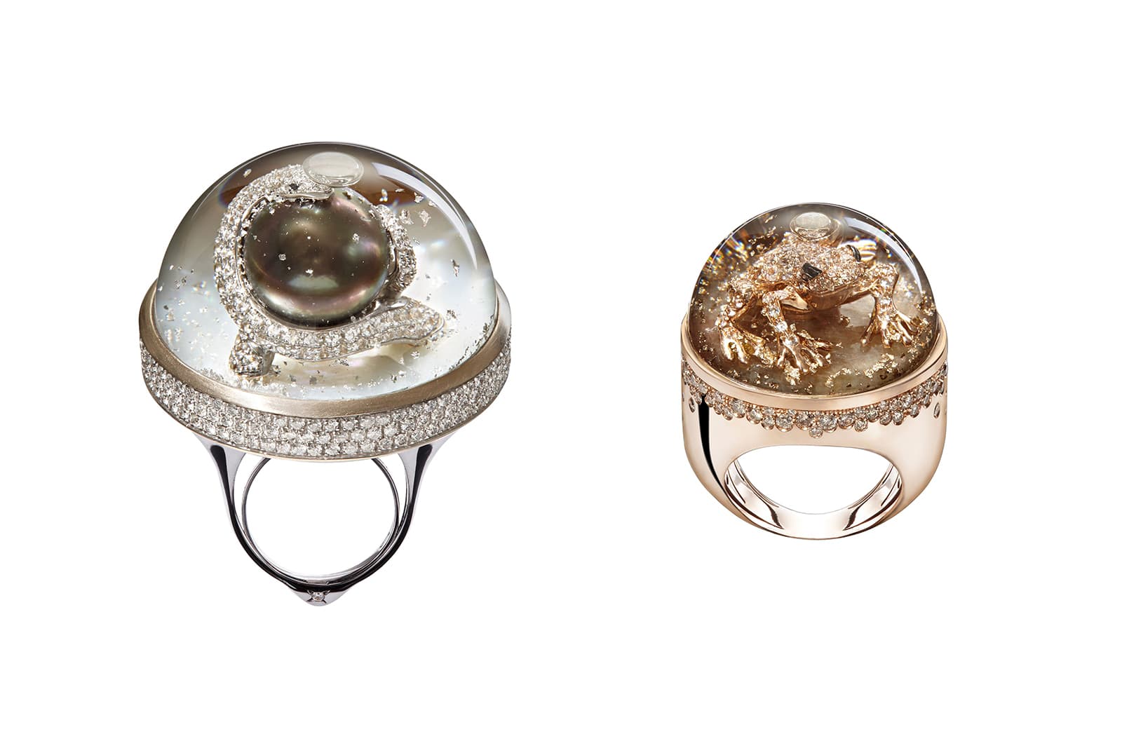  Dreamboule rings with sapphire glass, filled with 'Dream Solution' with Tahitian pearl, diamonds and mother of pearl in white gold, and with champagne diamonds and green sapphires in rose gold
