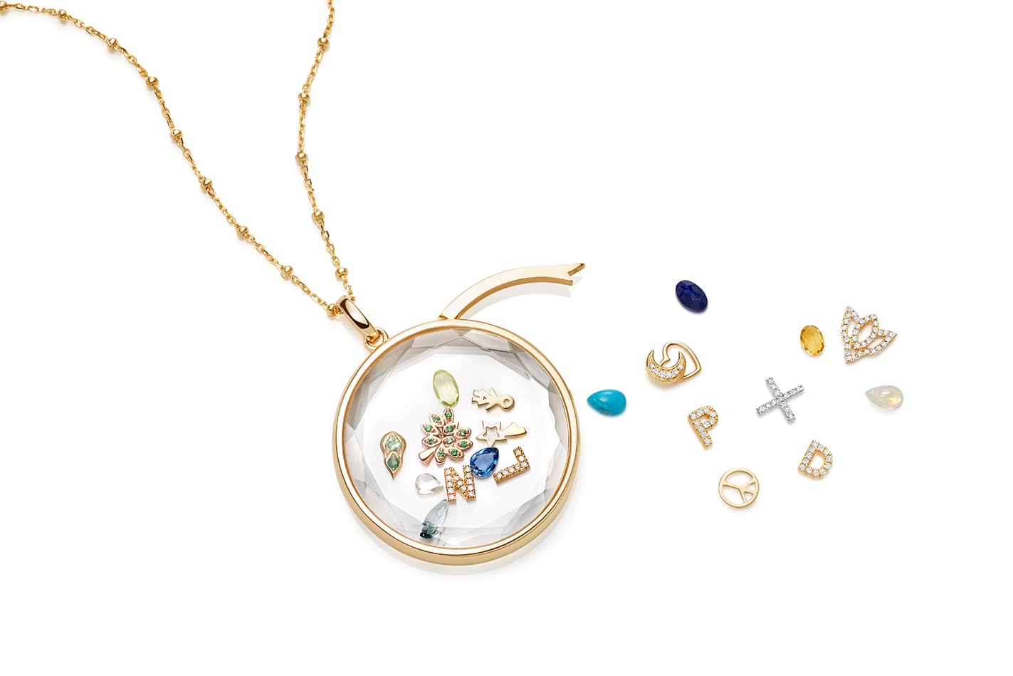  Loquet pendant with sapphire glass and multi-gemstone charms in yellow gold