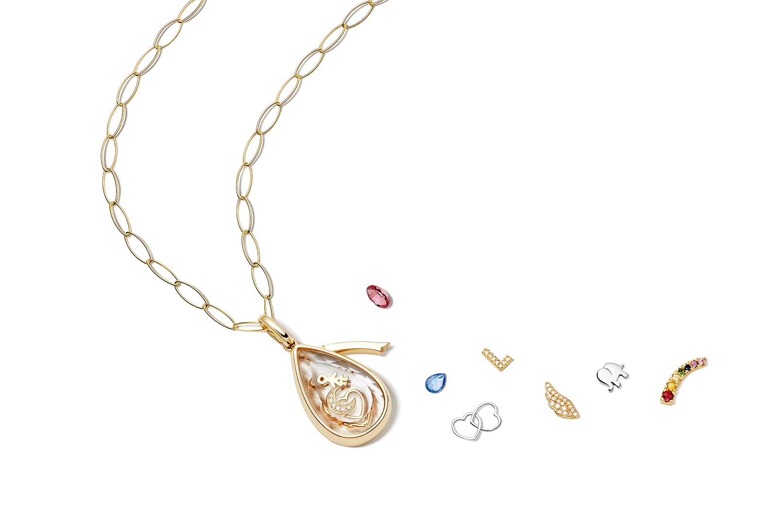  Loquet pendant with sapphire glass and multi-gemstone charms in yellow gold