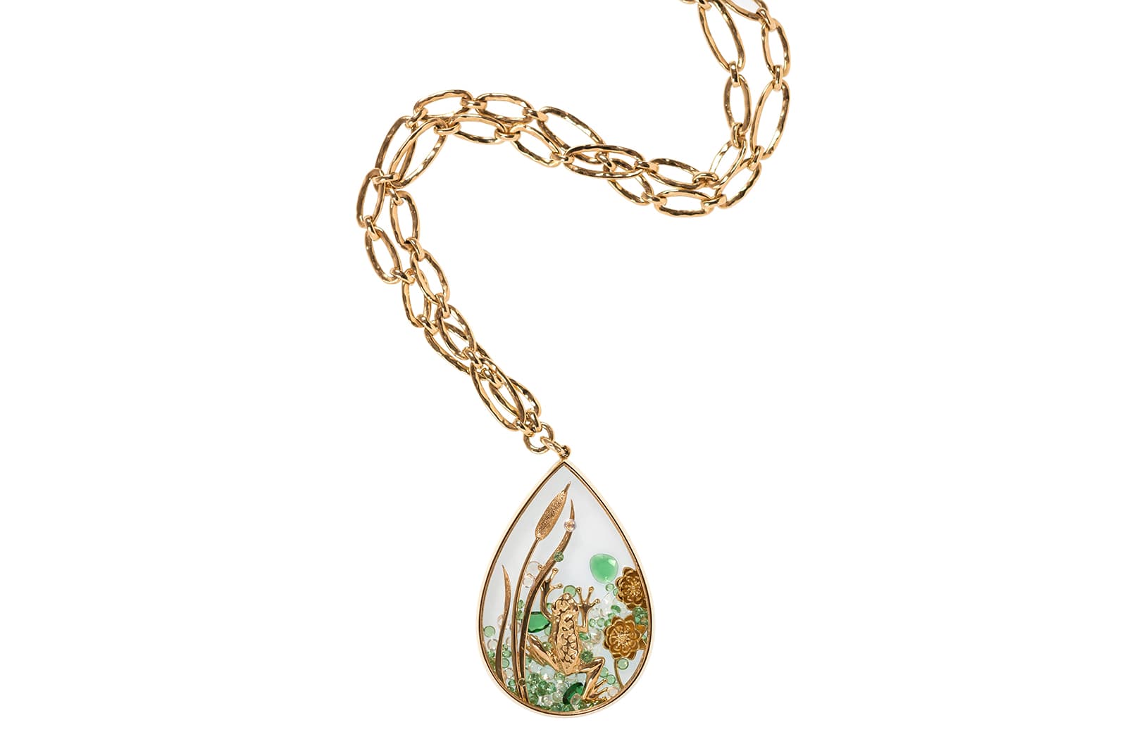  Alexandra Abramczyk’s Secret Glass collection pendant with tsavorites, moonstones and brown diamonds in yellow gold