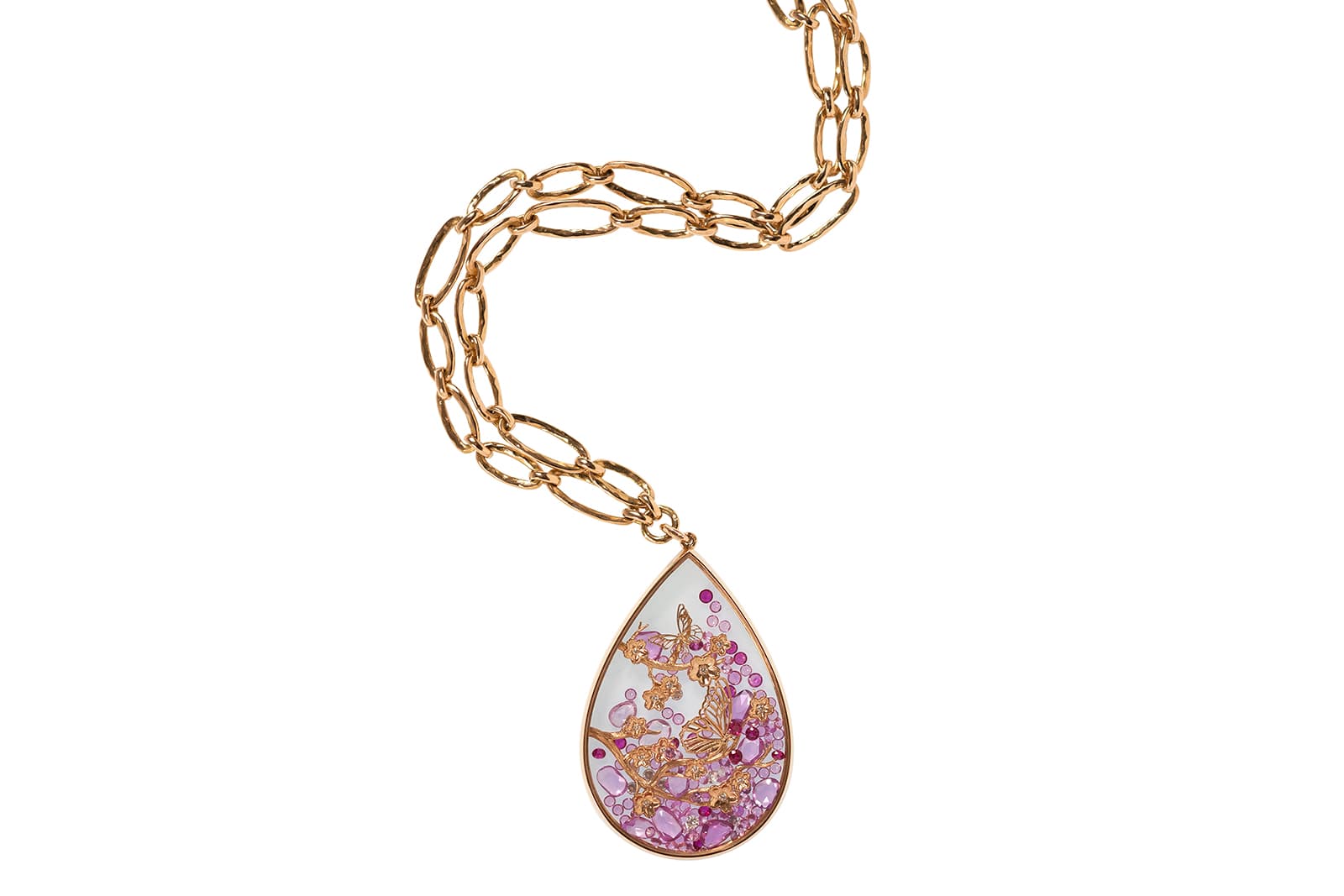  Alexandra Abramczyk’s Secret Glass collection pendant with pink sapphires, rubies and diamonds in yellow gold