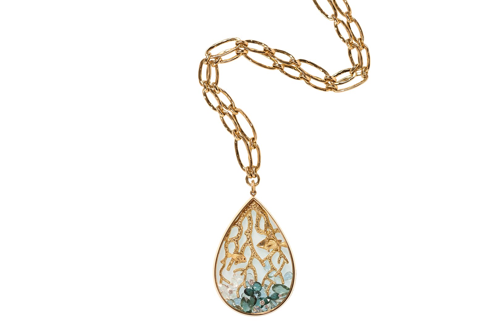  Alexandra Abramczyk’s Secret Glass collection pendant with peridot, aquamarines and moonstones in yellow gold