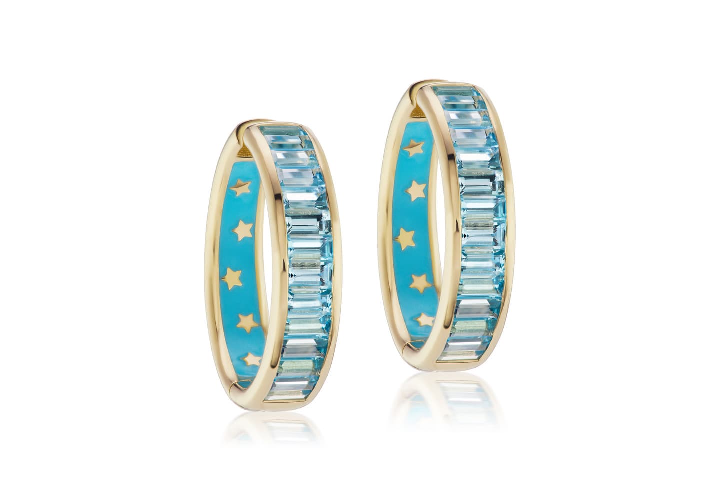  Jane Taylor '3/4' hoop earrings with topaz and enamel in yellow gold