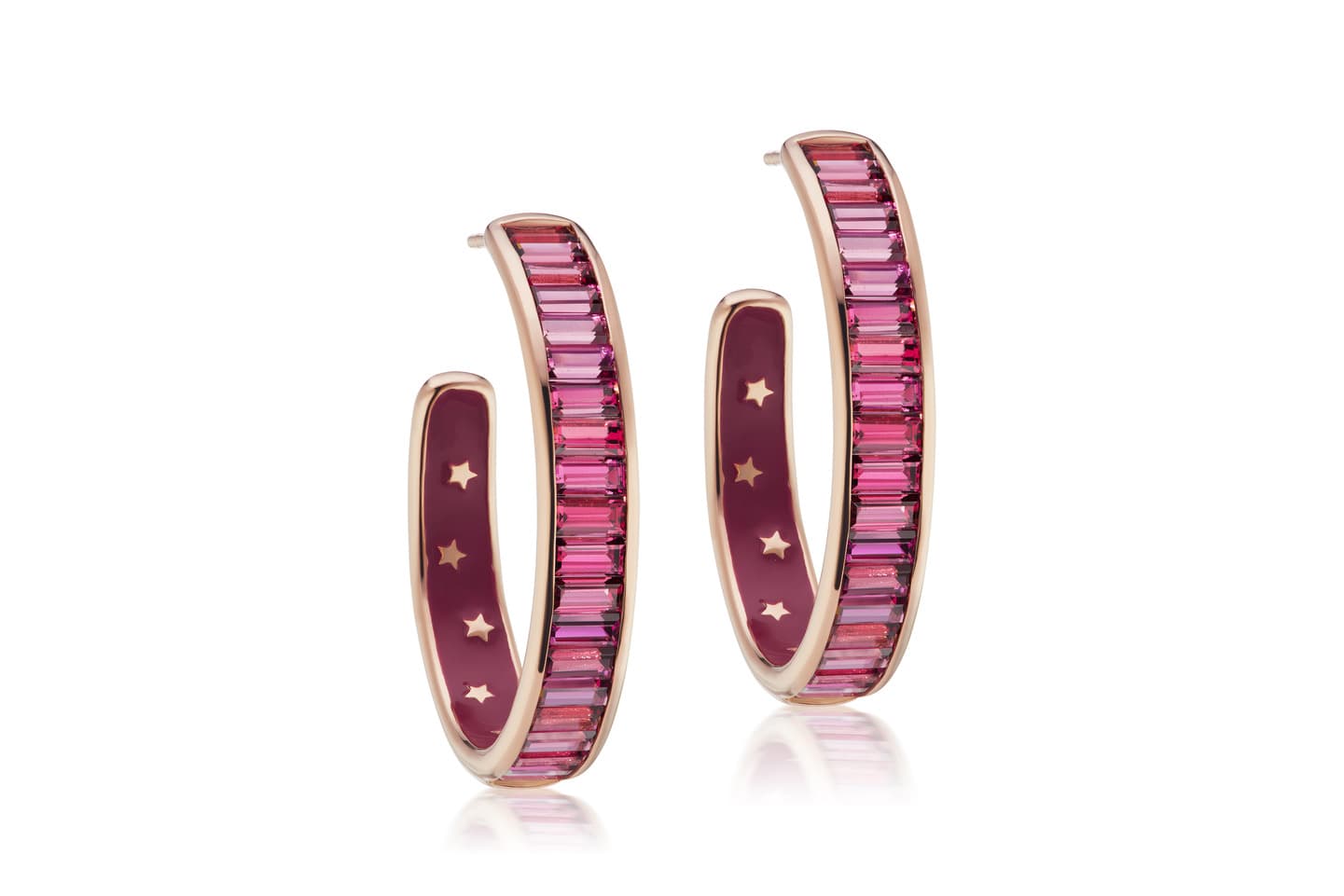  Jane Taylor '3/4' hoop earrings with rubellite and enamel in yellow gold