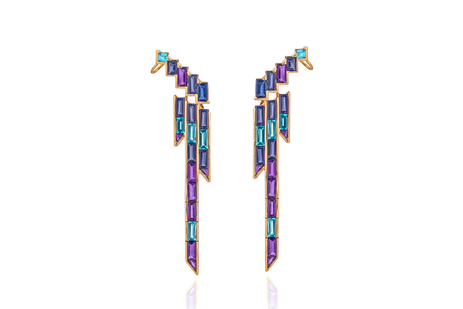  Tomasz Donocik 'Electric Night' earrings with amethysts, tanzanites, blue sapphires, iolites and blue topaz in rose gold