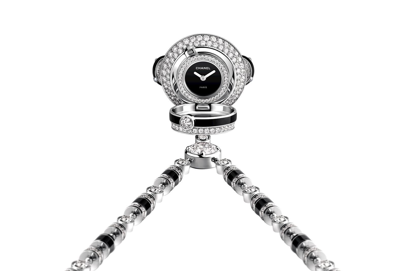  Chanel Watches 'SAUTOIR COCO' secret pendant with 16.96ct of diamonds, Akoya pearls and onyx in enamel and white gold