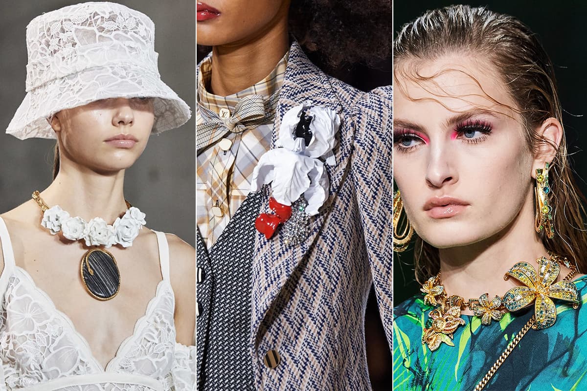 Giambattista Valli, Louis Vuitton and Versace catwalks featuring floral jewellery