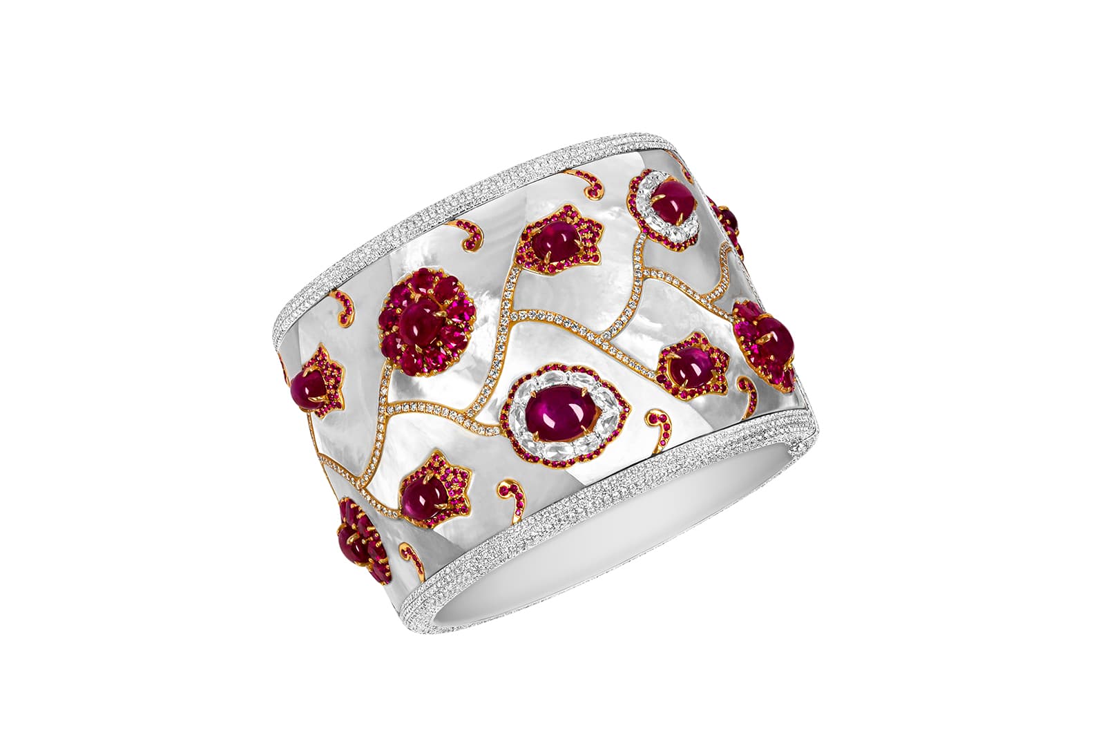 Boghossian cuff with Burmese rubies, 15.53ct of accenting rubies, and diamonds in mother-of-pearl and white gold