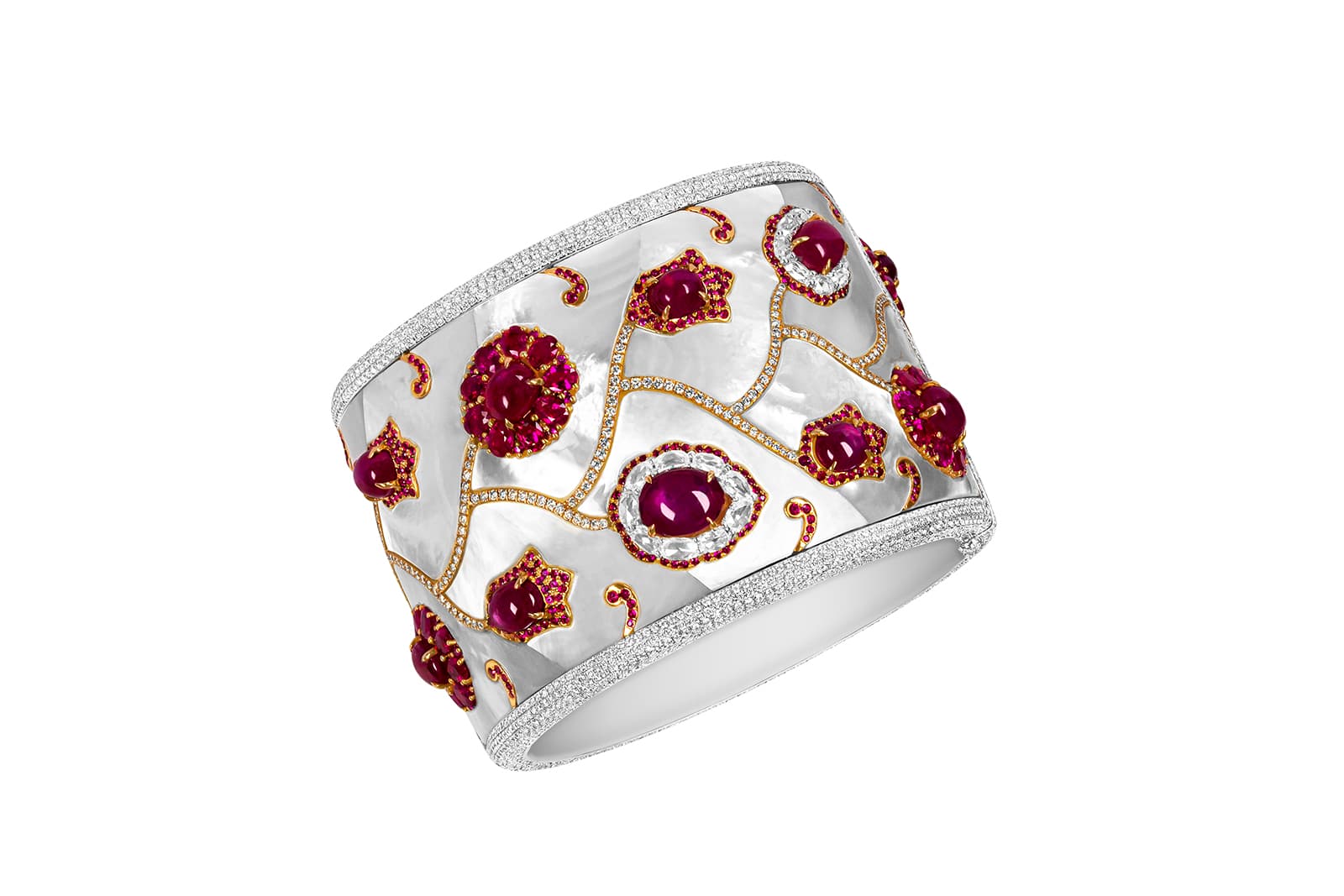 Boghossian cuff with Burmese rubies, 15.53ct of accenting rubies, and diamonds in mother-of-pearl and white gold