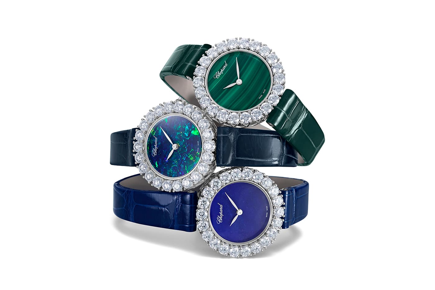  Chopard L’Heure du Diamant watches with opal, lapis lazuli or malachite and diamonds in white gold
