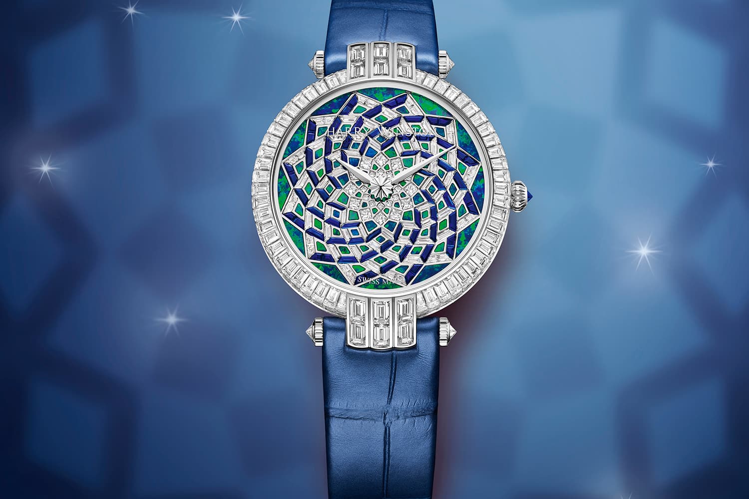 Harry Winston Premier Hypnotic Opal Mosaic Automatic 36mm watch with opal, diamonds and sapphires in white gold