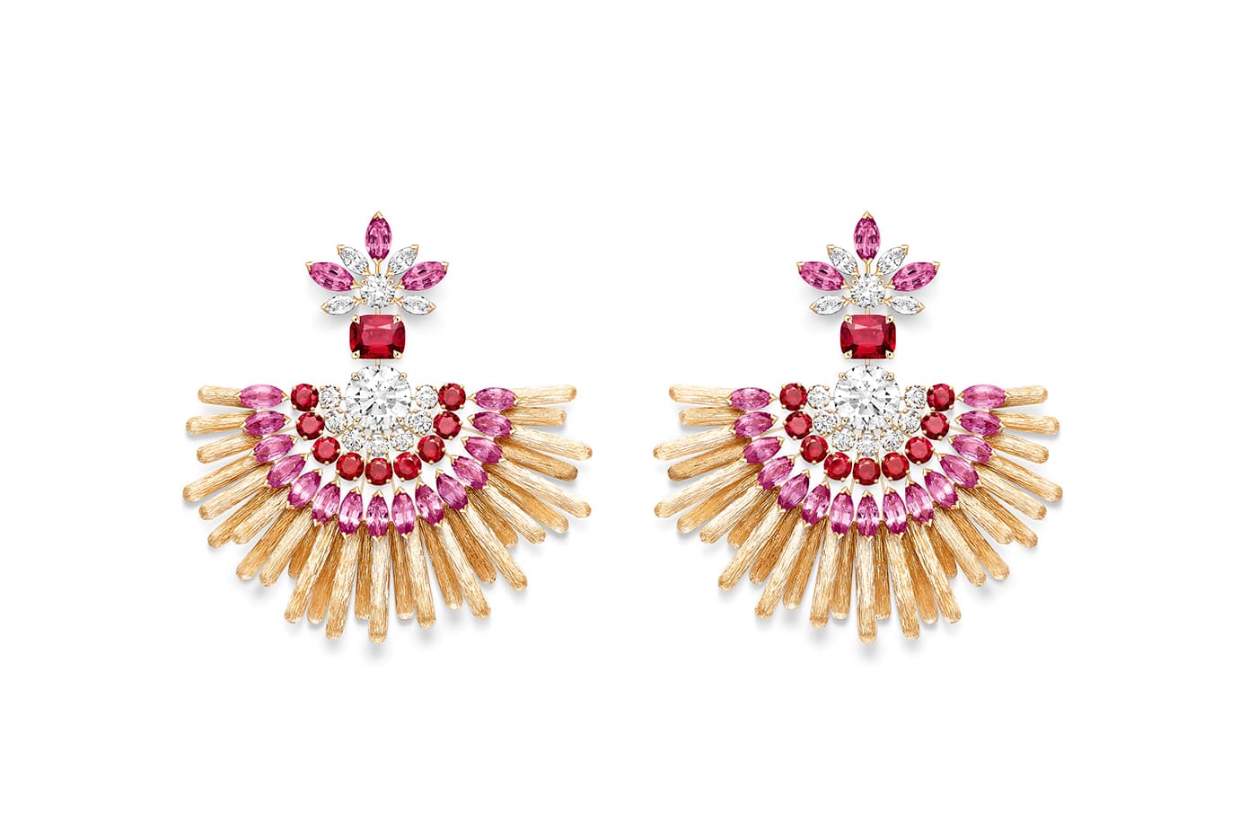  Piaget 'Desert Sunbow' earrings with rubies, pink sapphires and diamonds in yellow gold