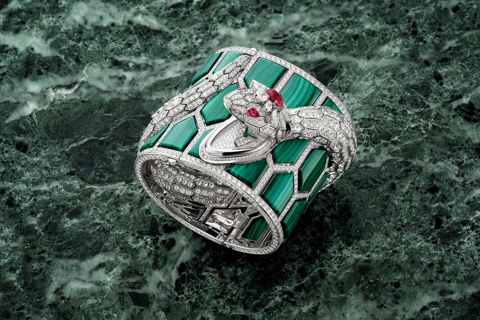 Bvlgari Serpenti Secret Watch with malachite, rubellites and diamonds in white gold