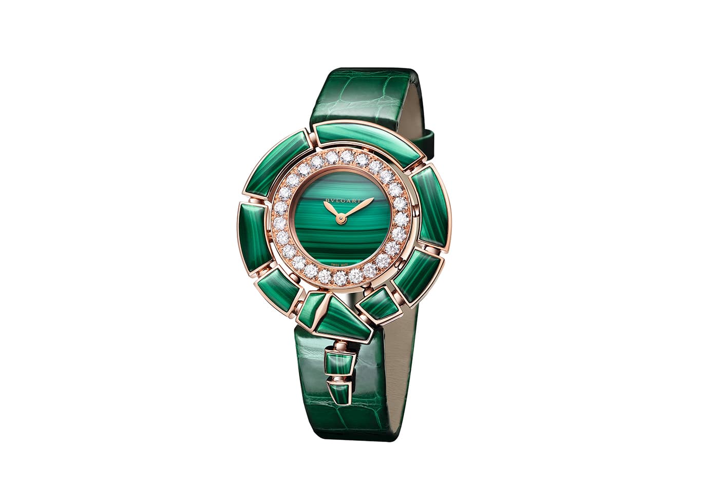  Bvlgari Serpenti Incantati watch with malachite and diamonds in rose gold