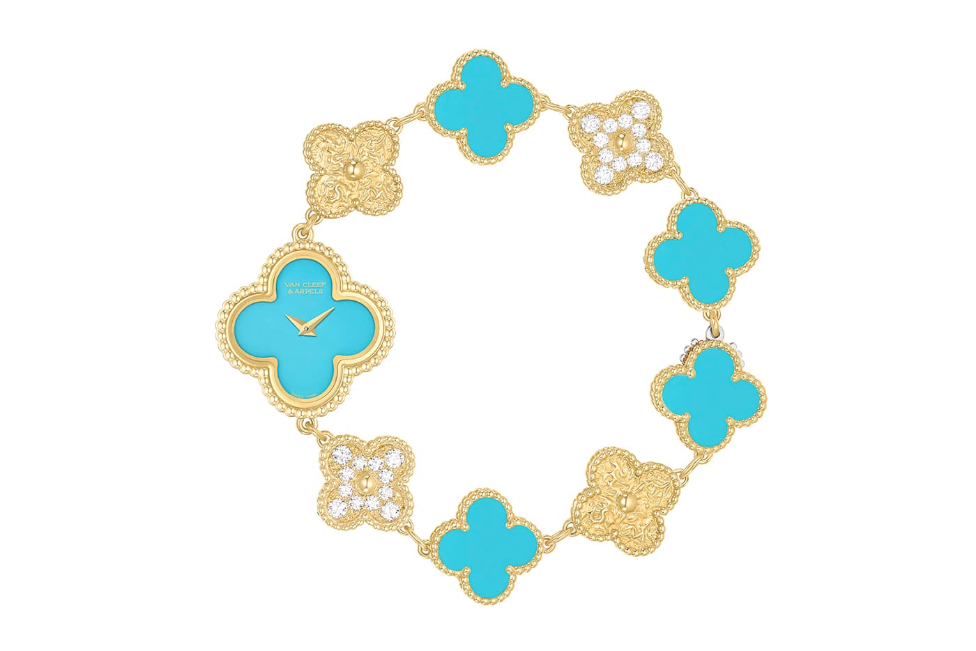  Van Cleef & Arpels Sweet Alhambra bracelet watch with turquoise and diamonds in yellow gold