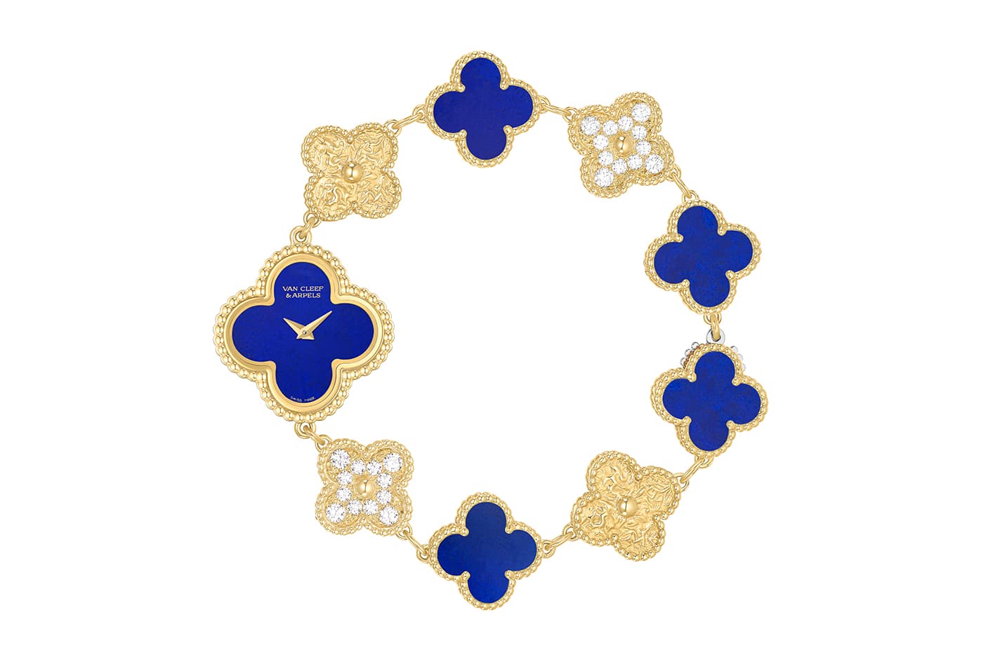  Van Cleef & Arpels Sweet Alhambra bracelet watch with lapis lazuli and diamonds in yellow gold