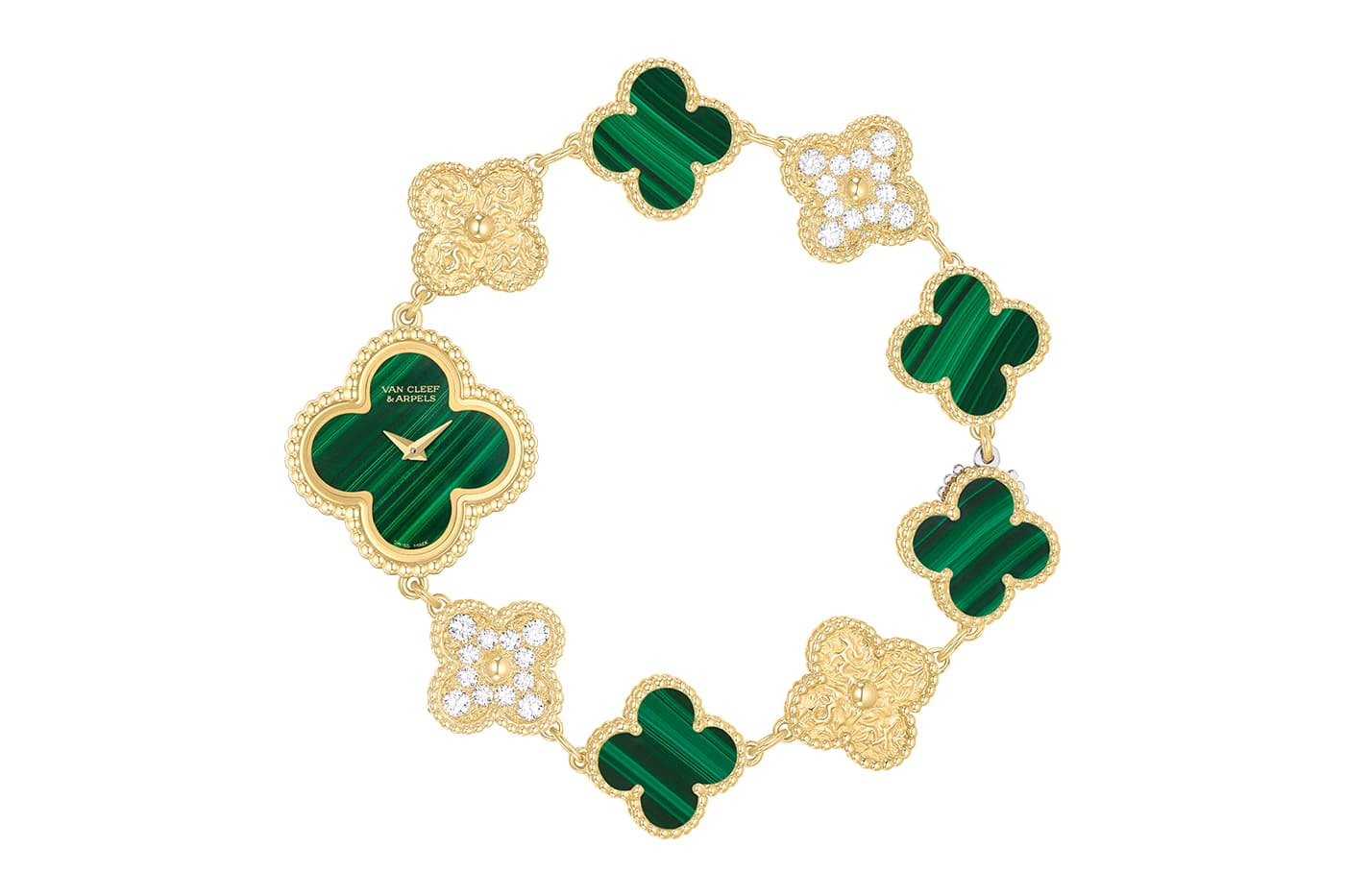  Van Cleef & Arpels Sweet Alhambra bracelet watch with malachite and diamonds in yellow gold