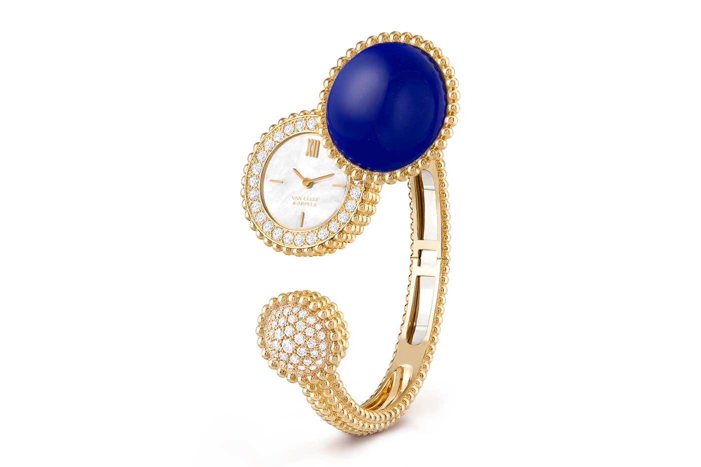  Van Cleef & Arpels Perlée Secret watch with mother of pearl, lapis lazuli and diamonds in yellow gold