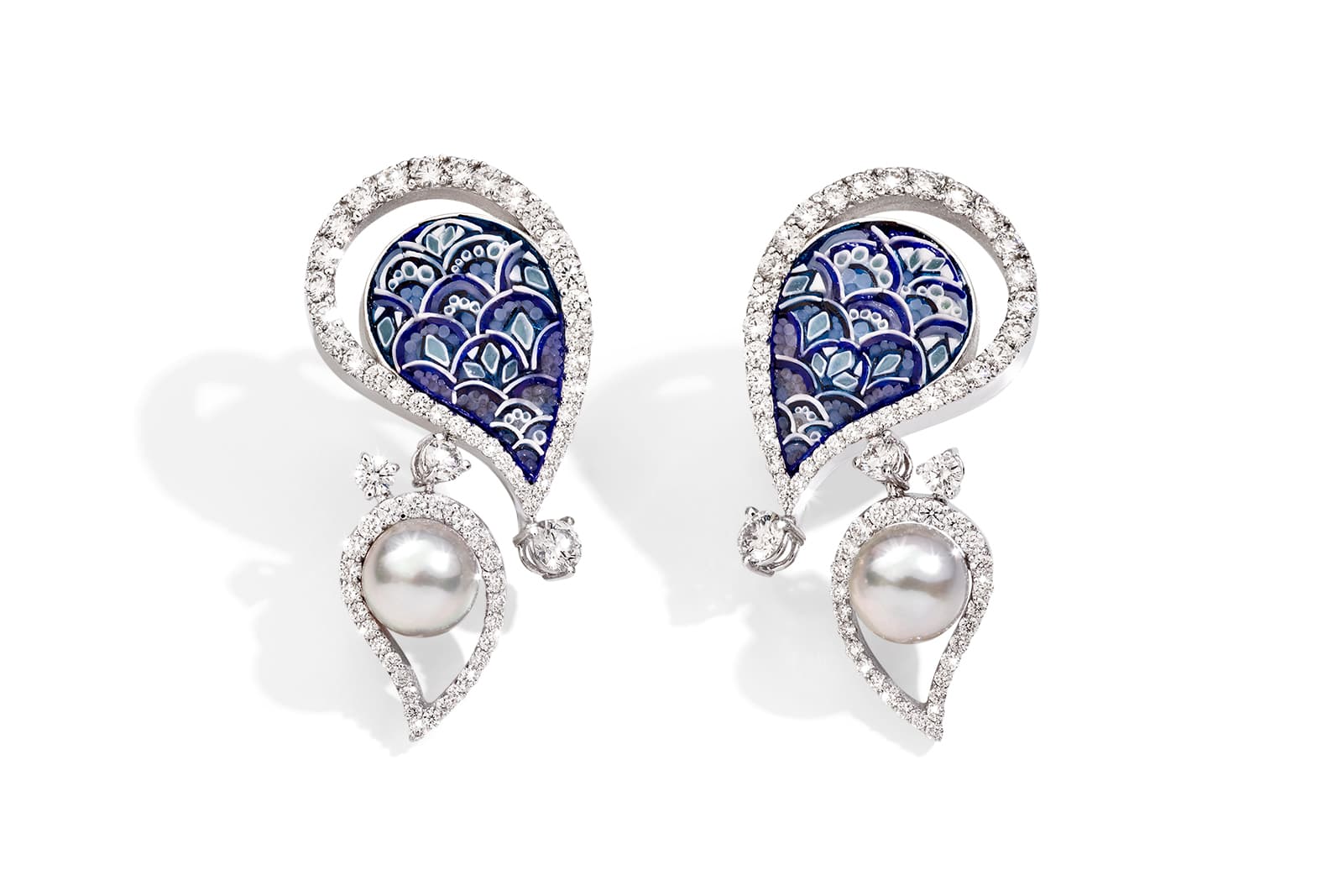  SICIS Calipso Blue earrings with Akoya light blue pearls, diamonds and micromosaic in white gold