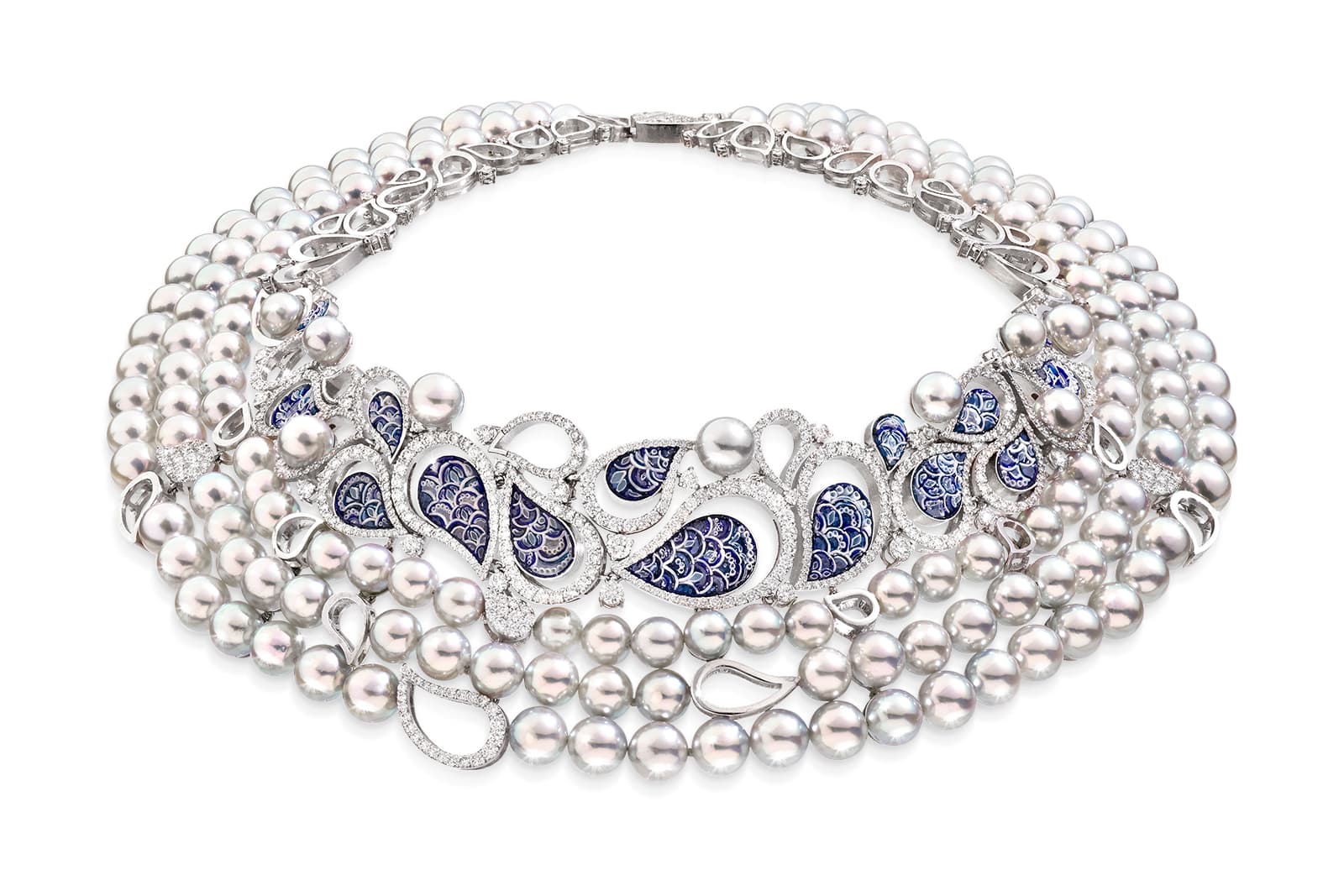 SICIS Calipso Blue necklace with Akoya light blue pearls, diamonds and micromosaic in white gold