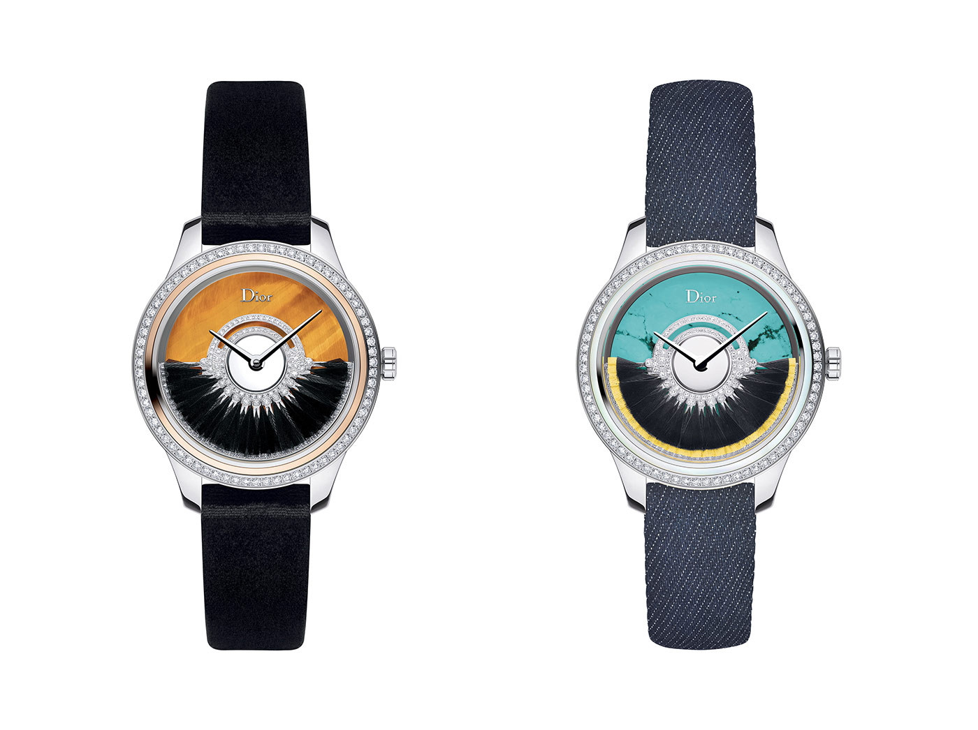 Dior Grand Bal Plume Cadran watch with tigers eye and Grand Bal Wild Turquoise watch with turquoise, both with diamonds and feathers in white gold