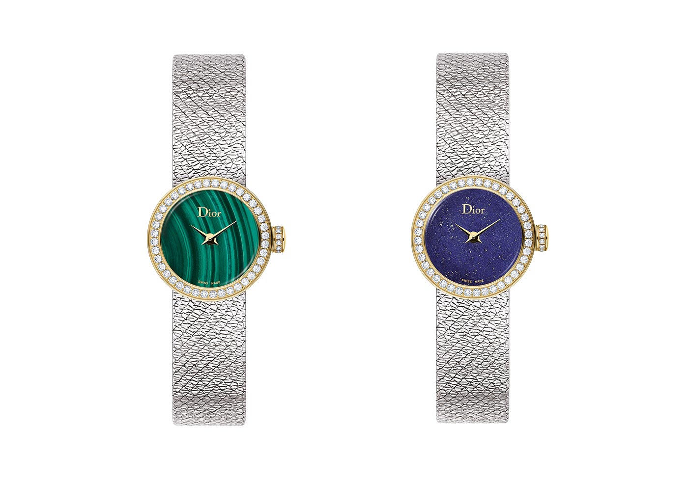  Dior La Mini D de Dior watches with malachite or lapis lazuli with diamonds in yellow gold and steel 