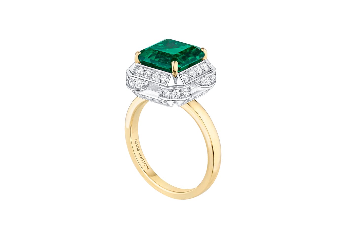  Louis Vuitton’s Riders of the Knight ring with emerald and diamonds in white and yellow gold